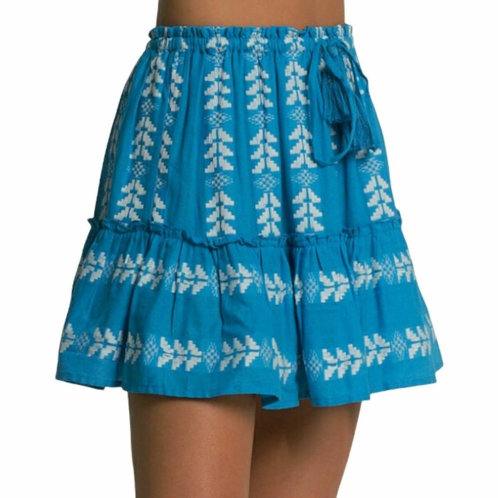 Elan Ruffle Mini Skirt Ethnic Print Elastic Waist Tassel Drawstring size Medium